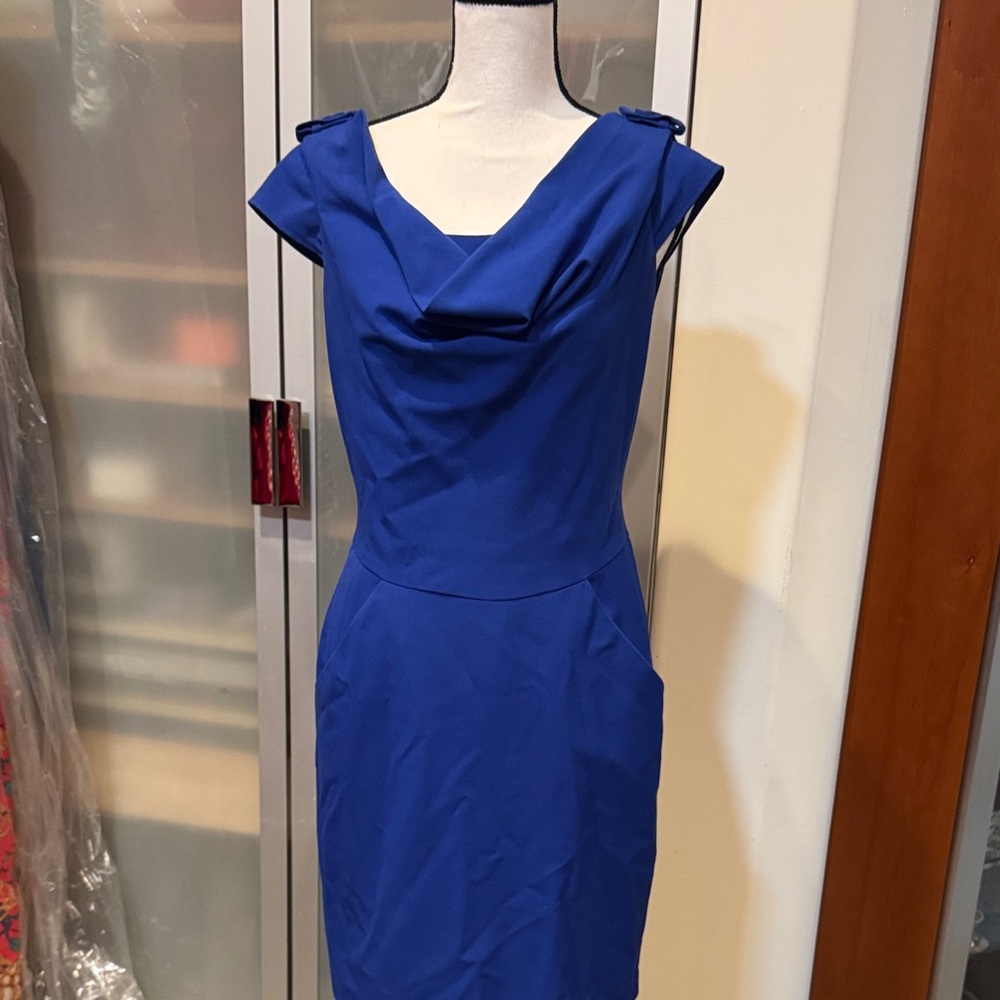 Calvin Klein Royal Blue Cowl Neck Midi Sheath Dress